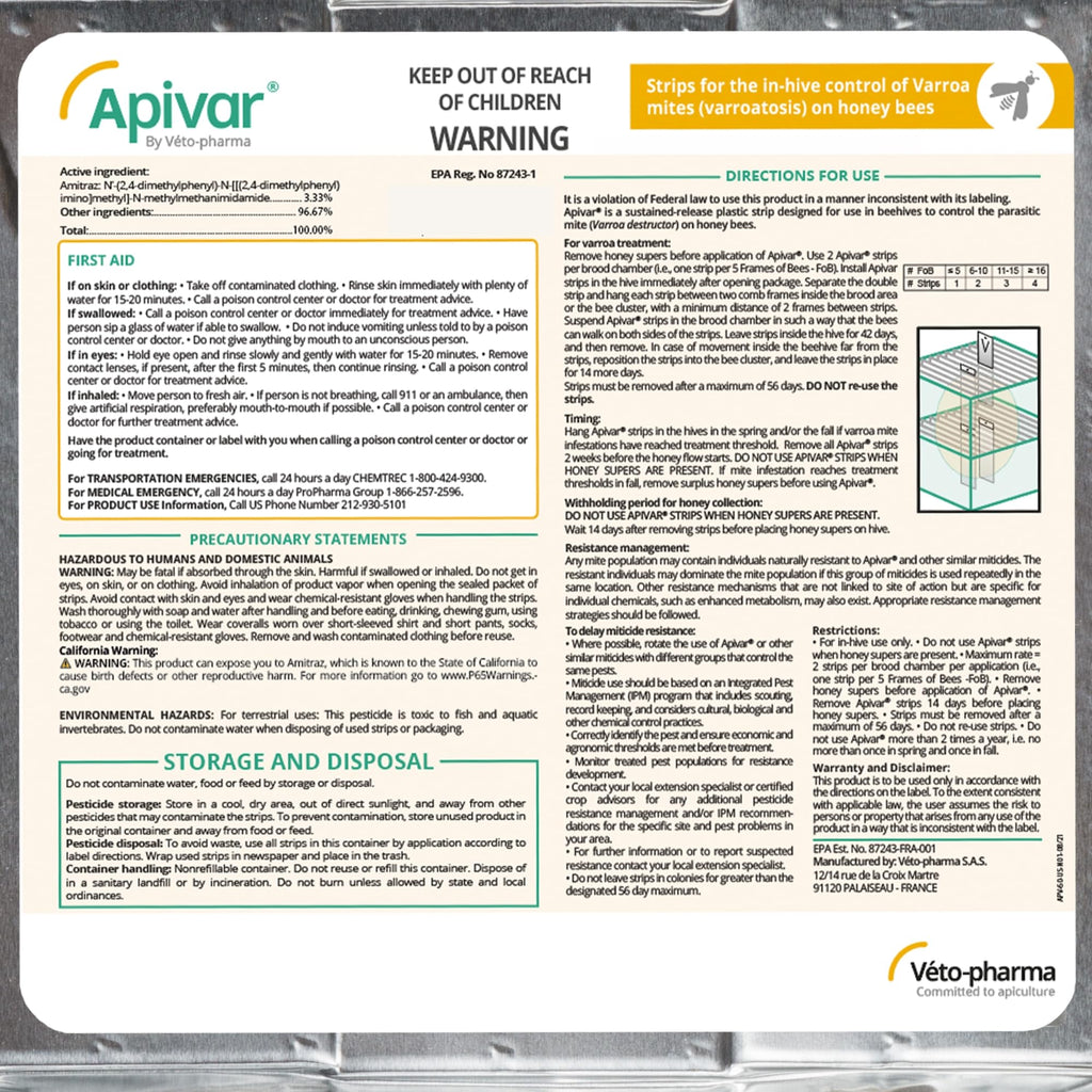 Apivar Strips Varroa Mite Treatment for Honey Bees with Easy Rip Strips - 97-99% Effective Against Mites (4 Pack)