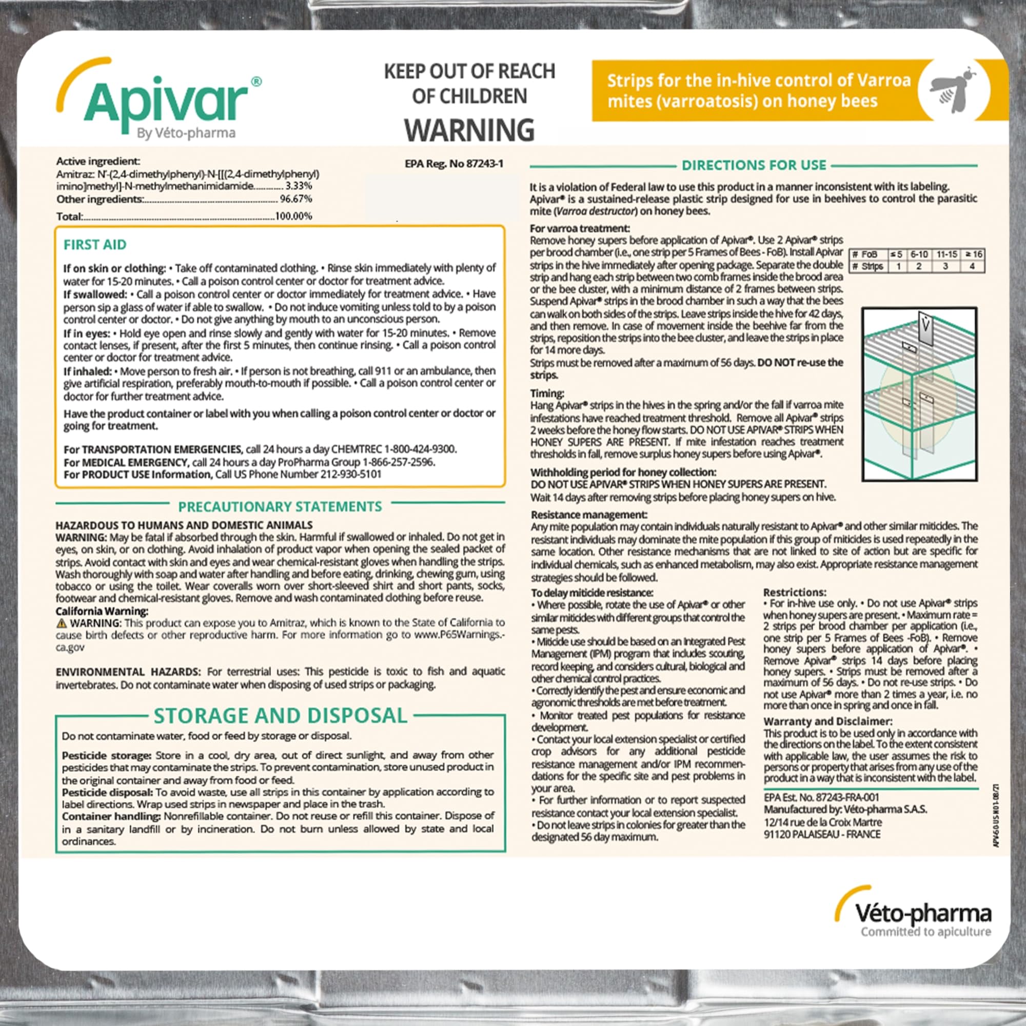 Apivar Strips Varroa Mite Treatment for Honey Bees with Easy Rip Strips - 97-99% Effective Against Mites (4 Pack)