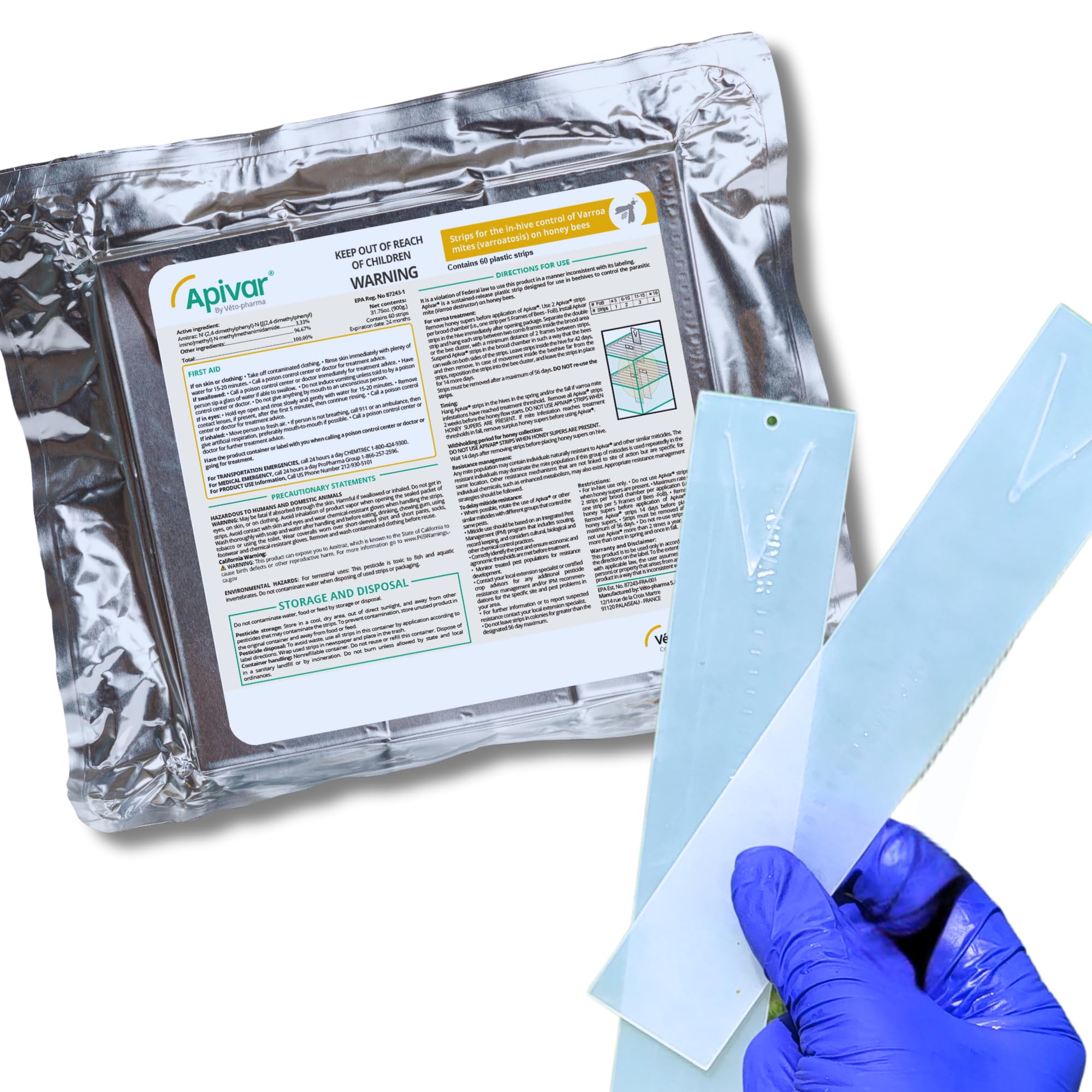 Apivar Strips Varroa Mite Treatment for Honey Bees with Easy Rip Strips - 97-99% Effective Against Mites (4 Pack)
