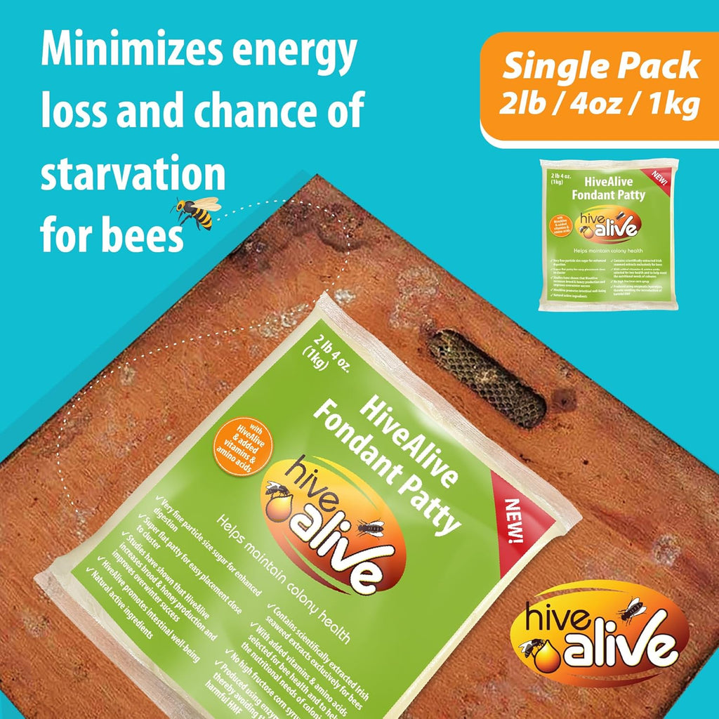 HIVE ALIVE Fondant Bee Food Supplement – Easy to Use Feed Enhancer Prevents Starvation During Overwintering – Only Fondant Proven to Increase Bee Gut Health and Boost Production-Single